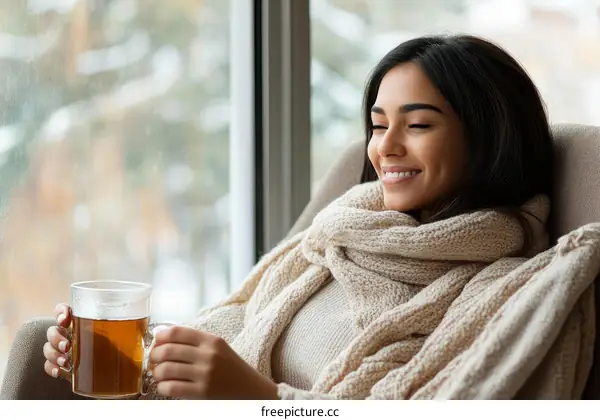 Woman Enjoying Winter Afternoon Tea by the Window