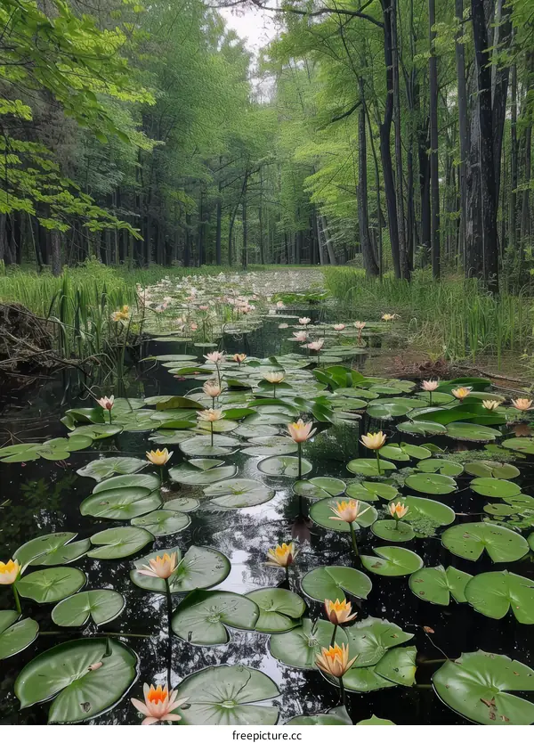 A tranquil pond in the middle of a lush forest