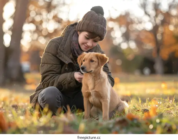 Young woman with a cute puppy in the park