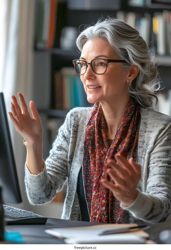 Smiling Woman Talking On Video Call At Home Office