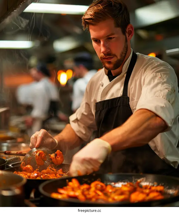 Focused male chef cooking shrimps in a busy restaurant kitchen