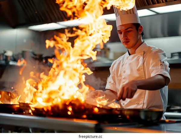 Young male chef flambéing food in a commercial kitchen