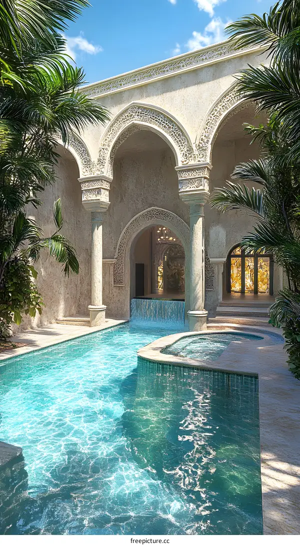 Luxury Resort with Pool and Arched Entryway