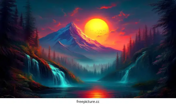 Colorful Mountain Sunset Landscape Illustration