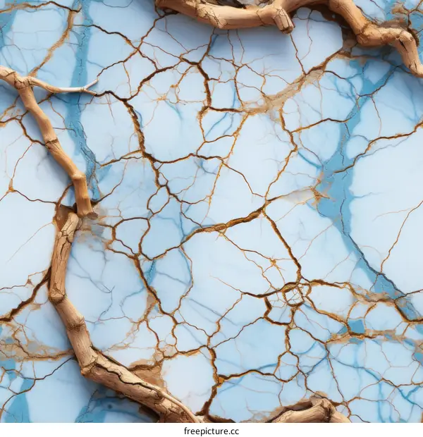 Cracked Blue and White Background with Twigs