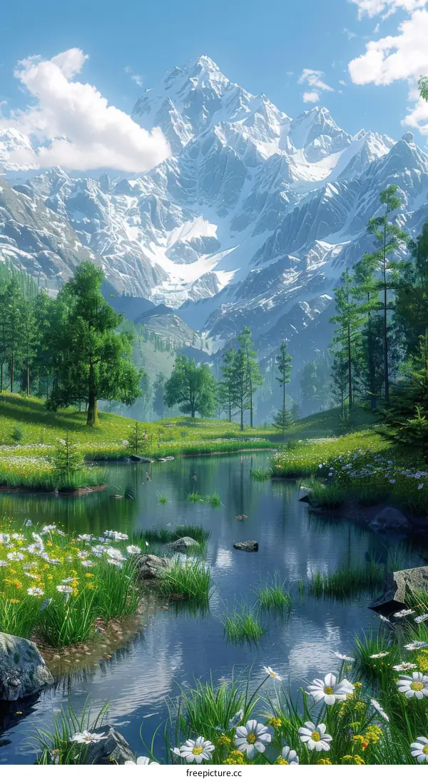 Mesmerizing Mountain Landscape with Serene Lake and Vibrant Flowers