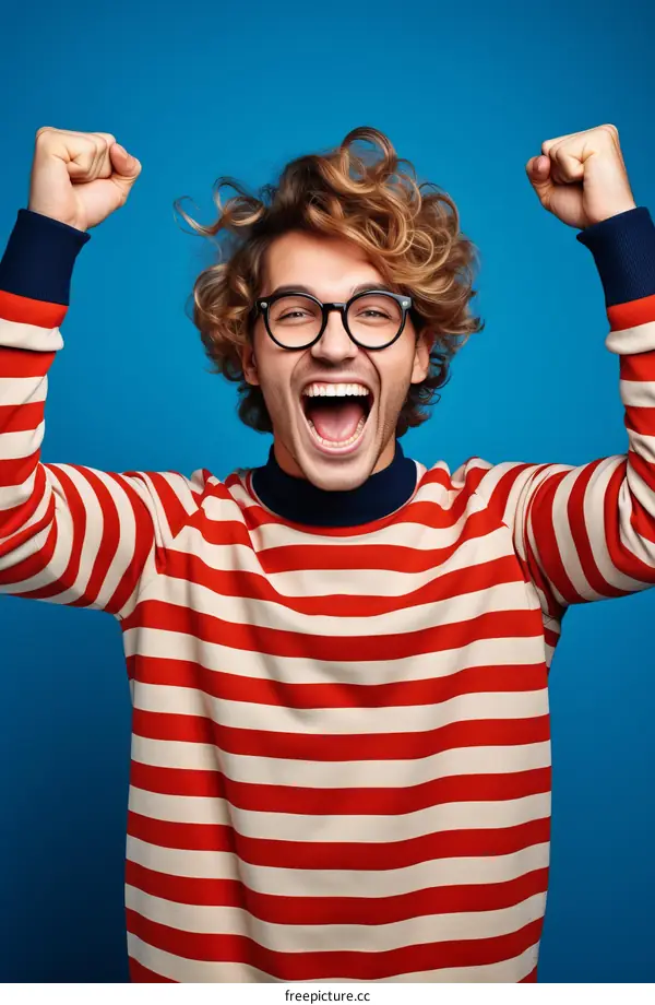 Portrait of a joyful young male wearing glasses and a striped sweater celebrating with his arms raised in front of a blue background
