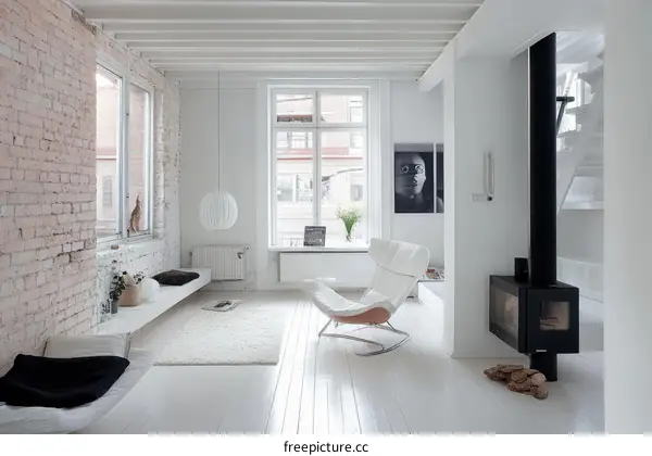 Modern Minimalist White Living Room with Exposed Brick
