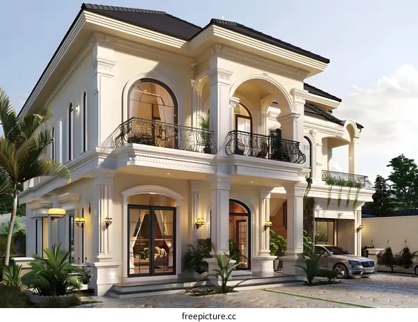 European style two-story villa with black roof