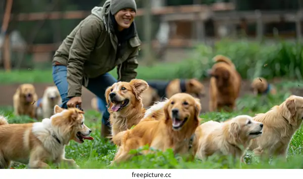 A smiling woman playing with a pack of dogs in a grassy field