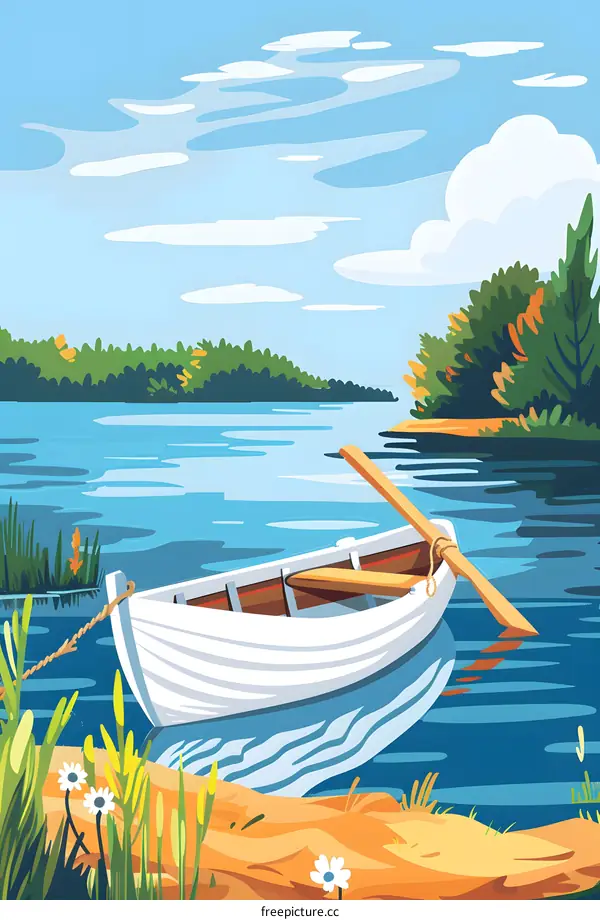 Summer Day Boat on a Lake Landscape Illustration