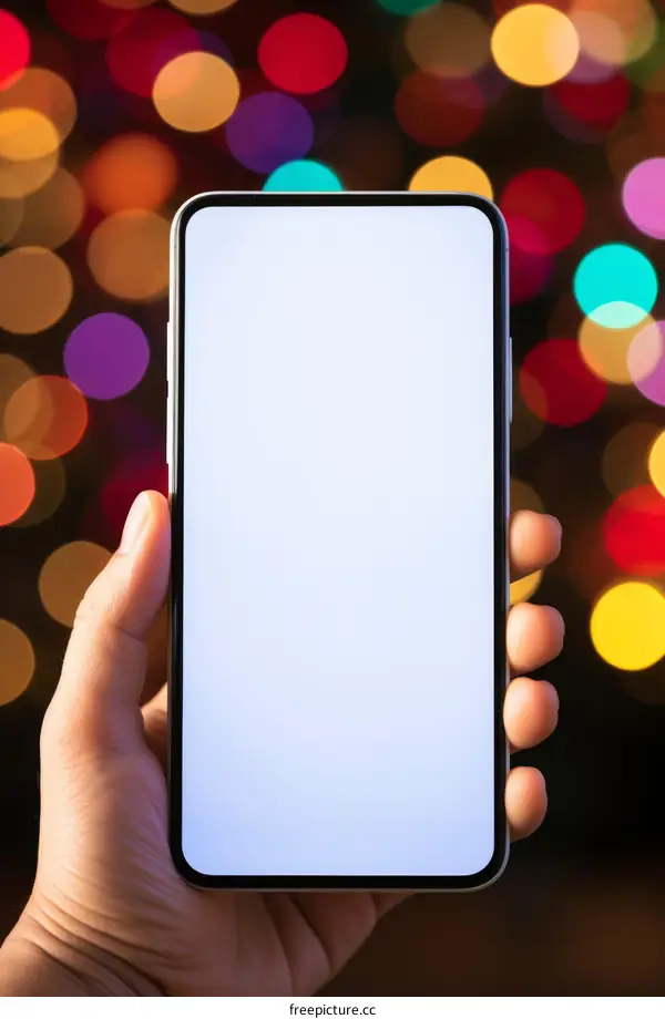 A hand holding a smartphone with a blank screen