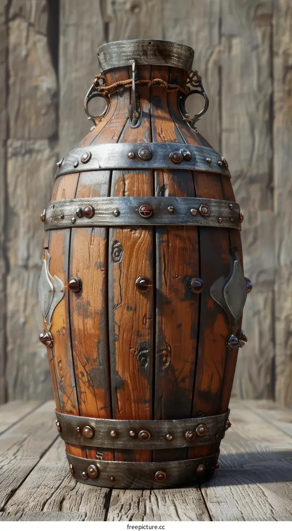 ornate wooden barrel with metal bands and red gems