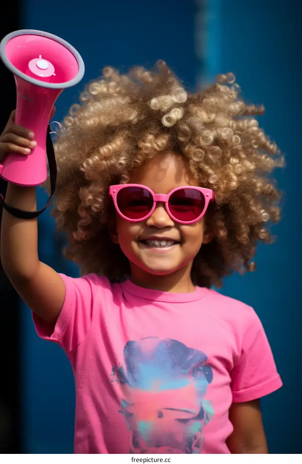 Small child with curly hair wearing pink shirt and sunglasses holding a pink megaphone