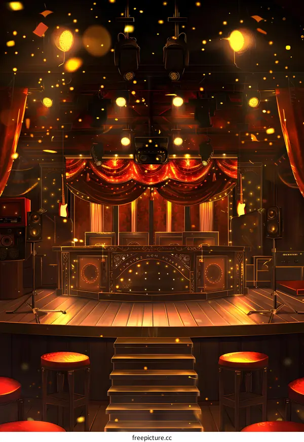 Golden Stage Lights and Red Curtains in Night Club Illustration