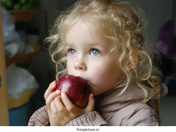 Cute Little Girl Eating an Apple
