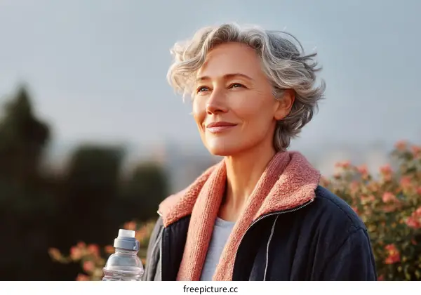 Thoughtful Senior Woman Outdoors with Water Bottle