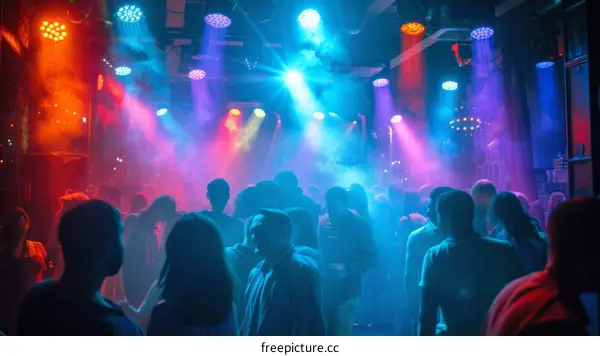 People dancing at a nightclub with colorful lights