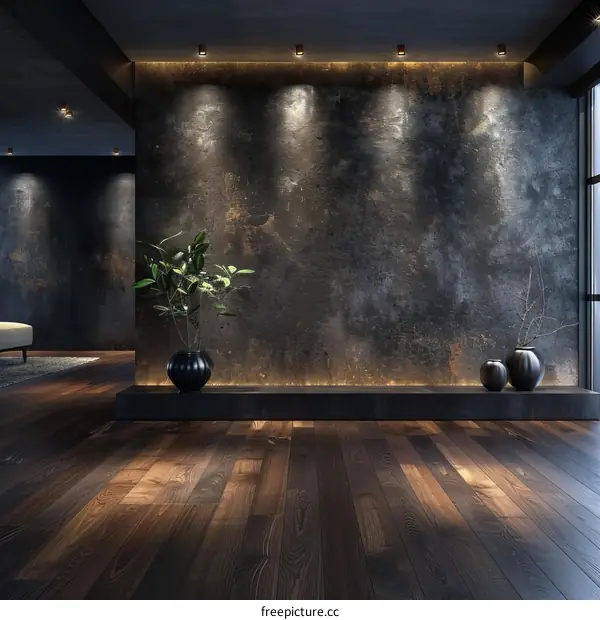 Dark and moody living room with wood floors and concrete walls