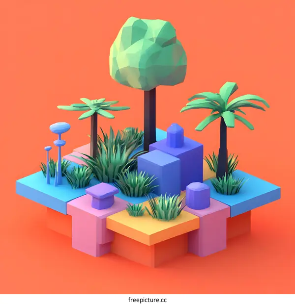 Low Poly 3D Illustration of Tropical Garden Scene