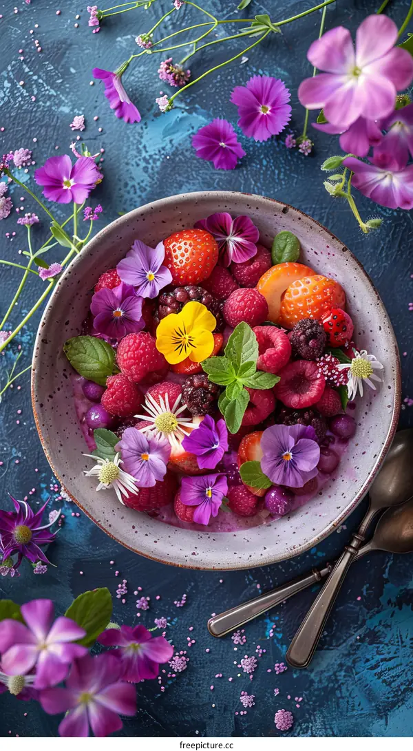Berries and flowers arranged beautifully in a bowl
