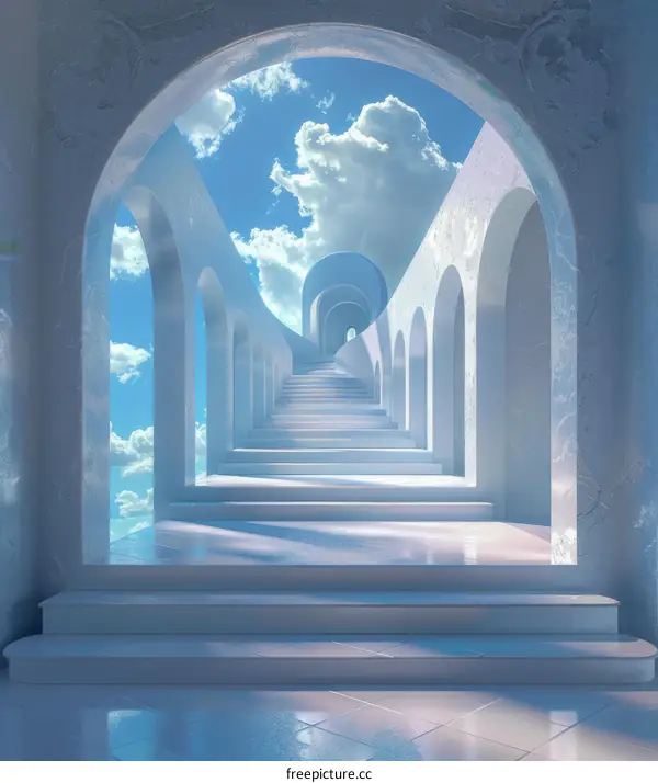 Surreal Stairway to Heaven with Clouds and Blue Sky