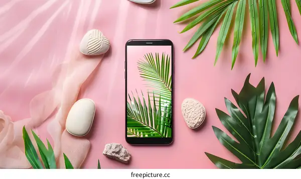Tropical Leaves and Phone on Pink Background