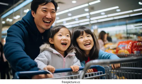 Father pushing two daughters in a shopping cart