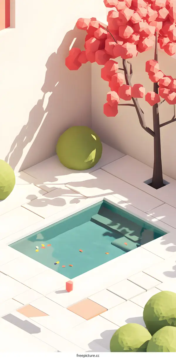 Low Poly Minimalist Illustration of a Pool and a Tree in a White Background