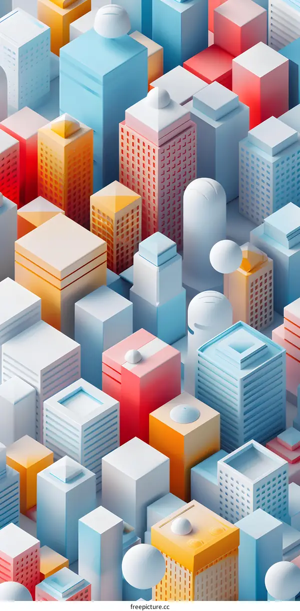 A 3D rendering of a city with colorful buildings