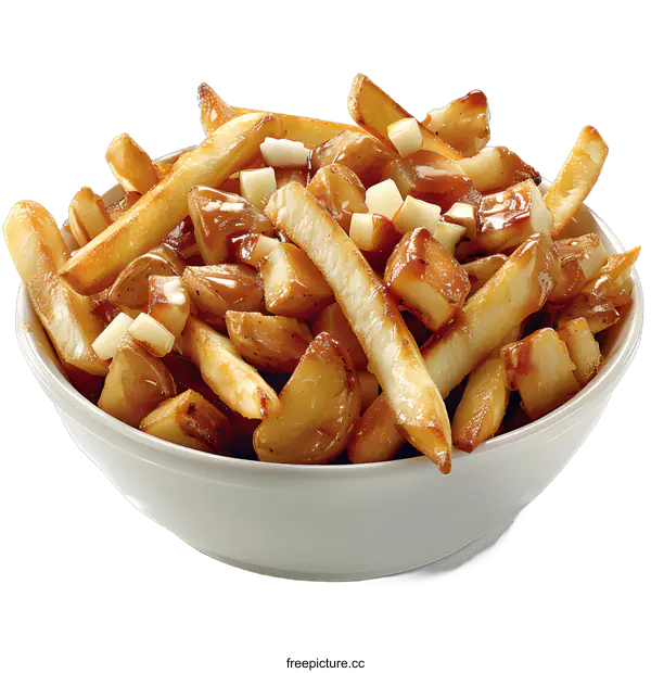 [Transparent Background PNG]A bowl of poutine, a Canadian dish of french fries, cheese curds, and gravy.
