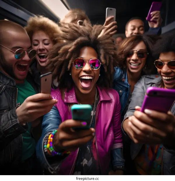 A group of multiethnic friends are taking a selfie together while riding on a crowded subway train.