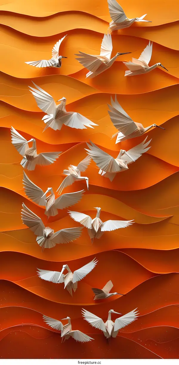Paper Cranes on Orange Background
