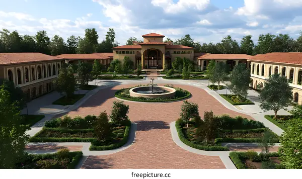 Italian Style Villa Courtyard with Fountain