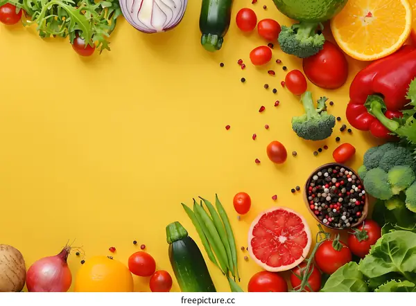 Fresh Vegetables and Fruit on Yellow Background