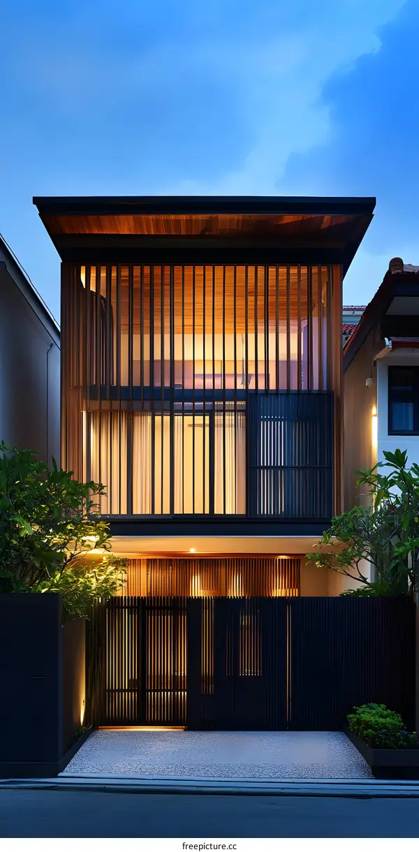 Modern House with Wooden Slats and Black Fence