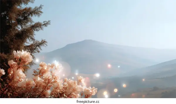Misty Mountain Dawn with Blooming Flowers