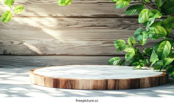 Wooden Marble Display Stand with Green Leaves