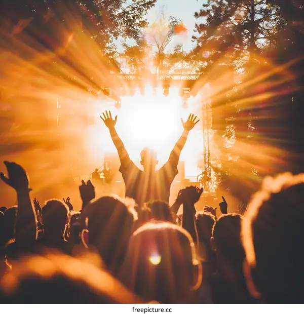 Silhouette of Crowd at Outdoor Music Festival with Bright Sunlight