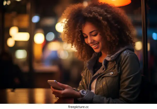 A young woman of African descent is sitting in a dimly lit bar smiling at her phone.