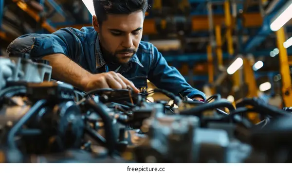 Young male mechanic repairing a car engine