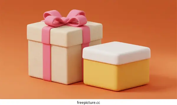 Two Colorful Gift Boxes with Pink Ribbon on Orange Background