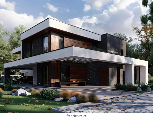 Modern House Design with Large Windows and a Covered Patio