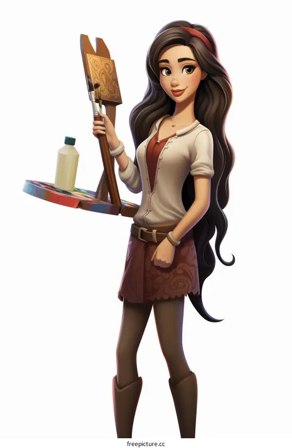 An artist with long brown hair holding a paintbrush and a palette