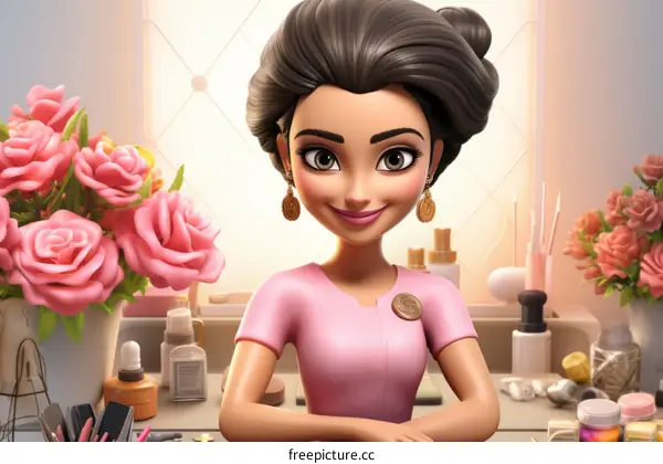 An illustration of a beautiful woman sitting at a vanity