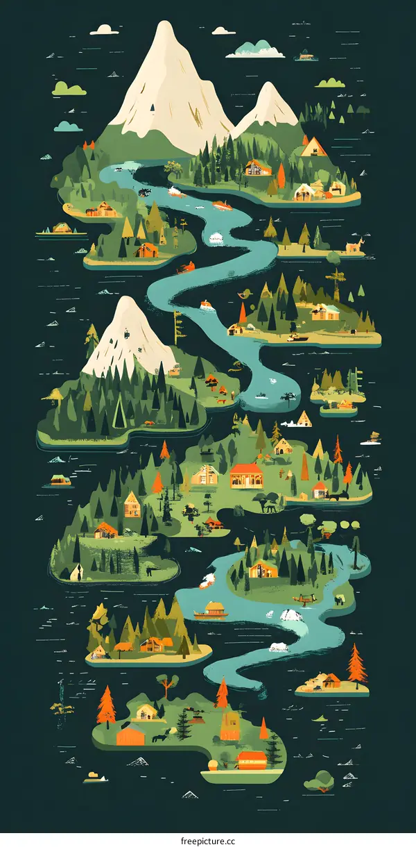 Illustration of a Scenic River Winding Through a Mountainous Landscape