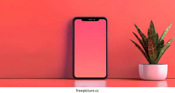 Minimalist Phone Mockup With Red Gradient Background And Plant