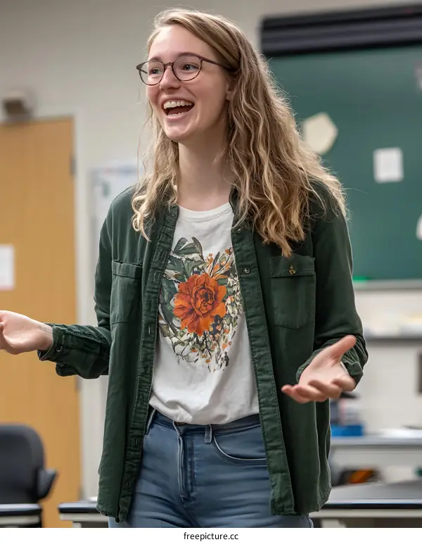 Smiling Woman in Green Shirt and Jeans