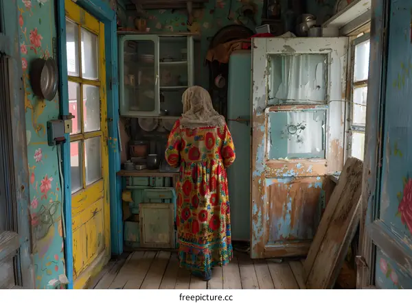 A woman in a colorful dress is standing in a kitchen.