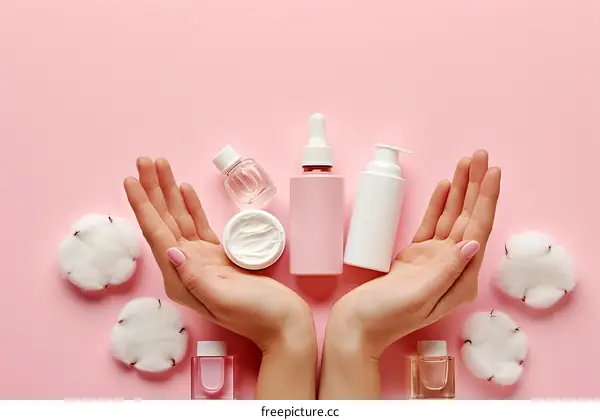 Woman's hands holding and presenting various skincare and cosmetic products against a pink background